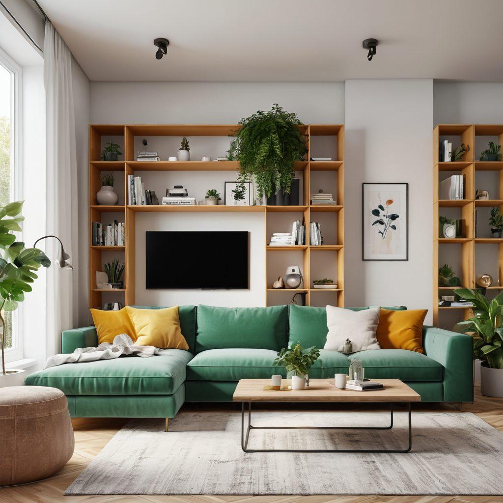 A cozy, beautifully designed apartment interior featuring smart storage solutions, multifunctional furniture, and vibrant decor. Include a stylish living room with a comfortable sofa, an elegant bookshelf, and greenery to evoke a sense of retreat. Highlight the use of light colors to make the space feel open, blending modern style with inviting warmth. 3D. vibrant colors. super-realistic.
