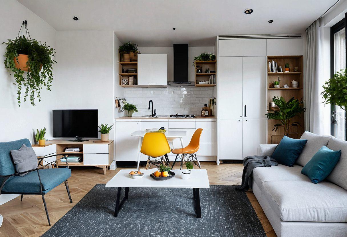 A stylish, modern small apartment interior showcasing innovative storage solutions. Include a compact living room with multi-functional furniture, a cozy kitchen with clever organizational tools, and a bright balcony with plants. Emphasize a sense of openness and light, with vibrant decor elements to inspire space maximization. super-realistic. vibrant colors. minimalist design.