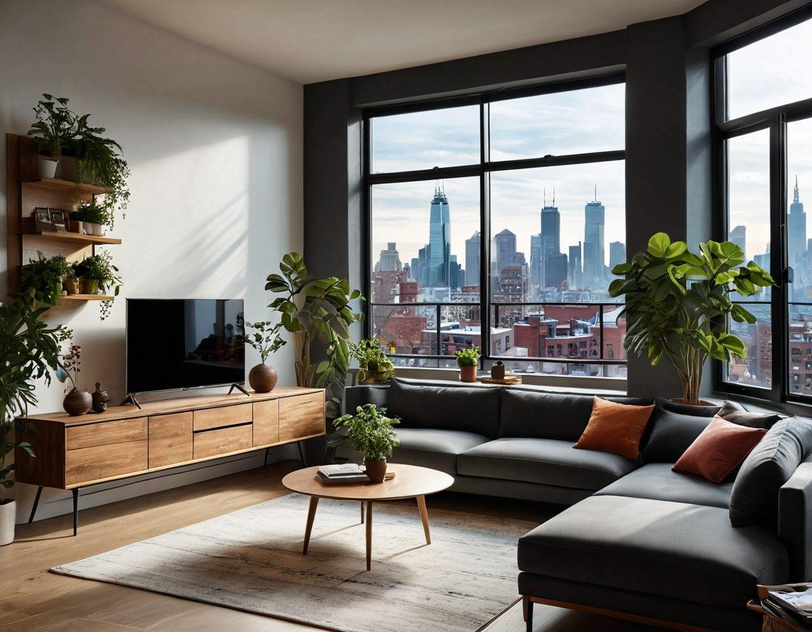 A modern urban apartment interior, showcasing a cozy living space with stylish furniture, vibrant plants, and artistic decor. Include a window with a city skyline view and soft natural light illuminating the room. Highlight essential hacks like multifunctional furniture and smart storage solutions. The atmosphere should feel inviting and comfortable, blending elegance with functionality. super-realistic. vibrant colors. warm lighting.